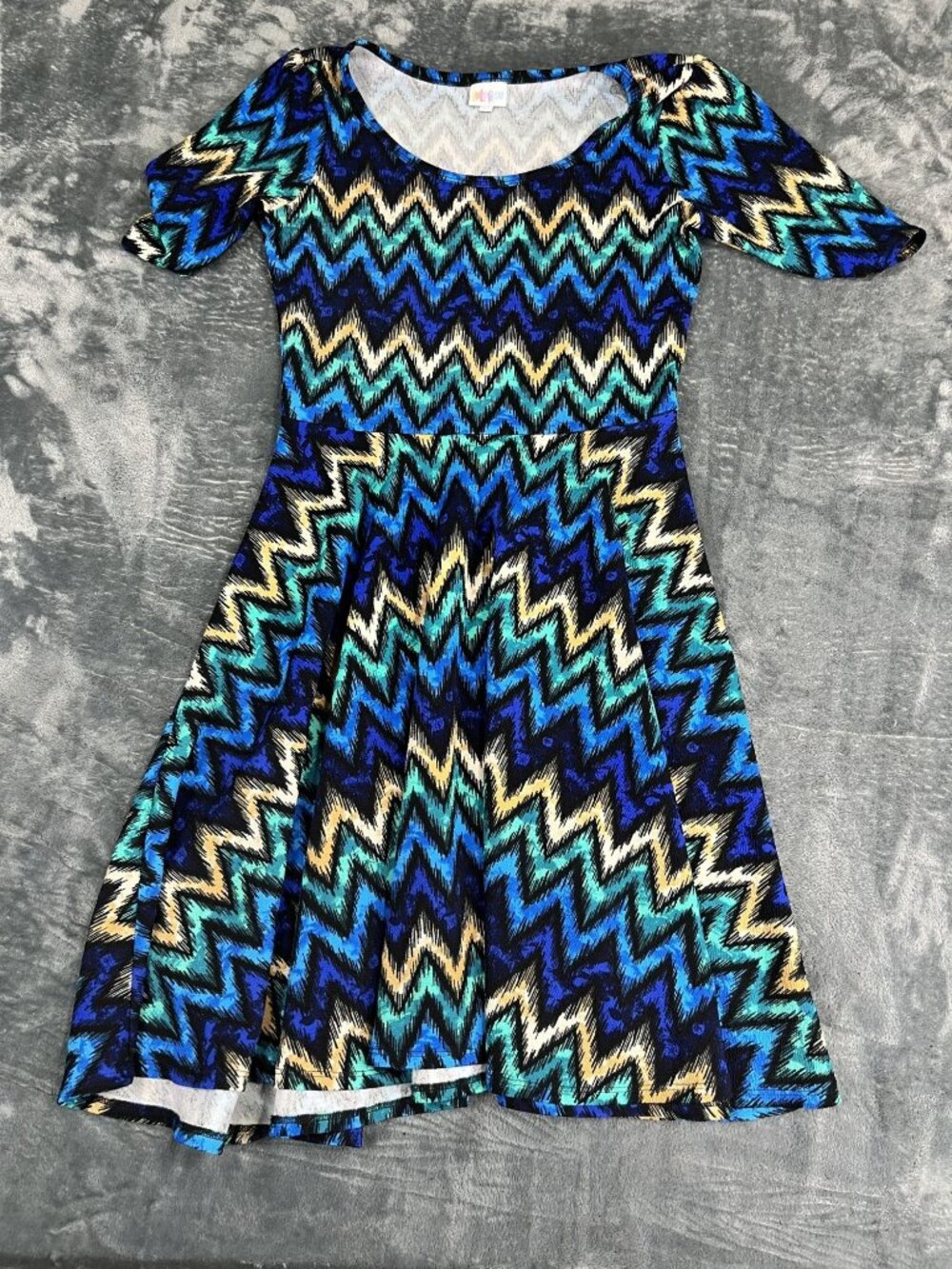 LulaRoe Chevron Print Swing Dress Blue Multi Color Medium